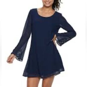 Long sleeve crochet lace black bar back chiffon dress size medium